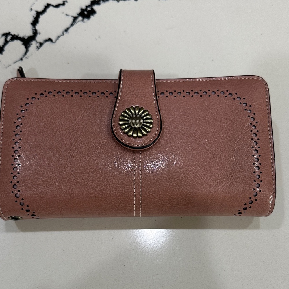 Women's Blush Rose leather Wallet with Floral Button Accent